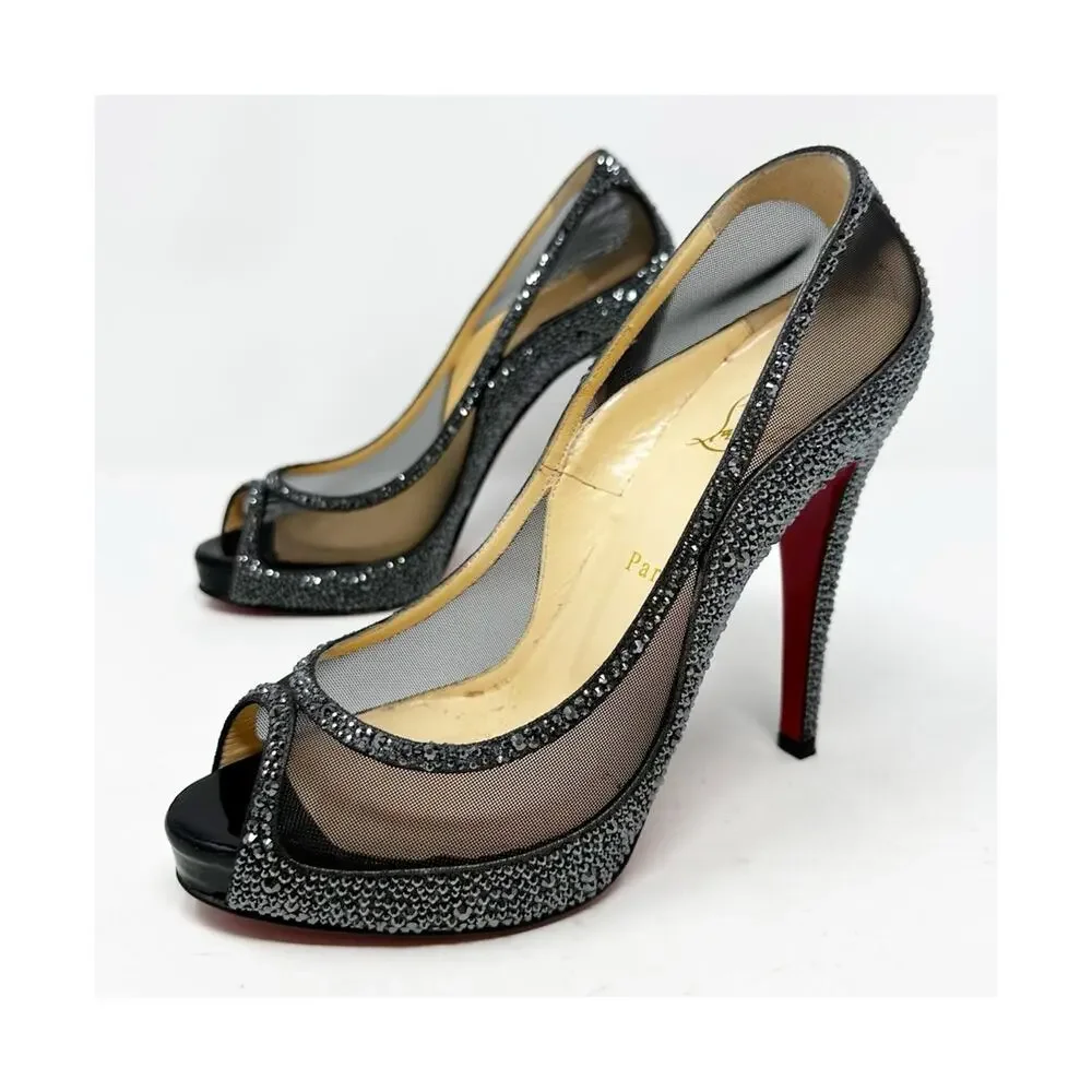 Christian Louboutin Camilla Strass Peep Toe Heels Womens Size EU 39.5